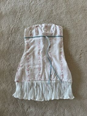 Princess Polly White Strapless Mini Dress with Pink Floral Print and Blue Trim